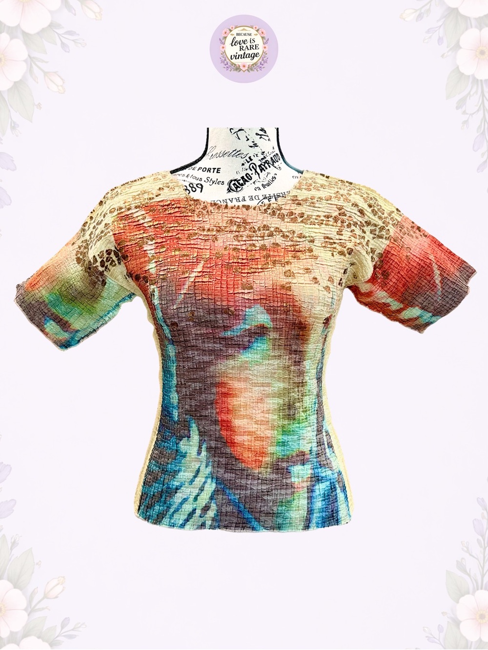 Vintage C’est Duo Wonder-Tee Abstract Crinkle Top in Multicolor • USA 1990s